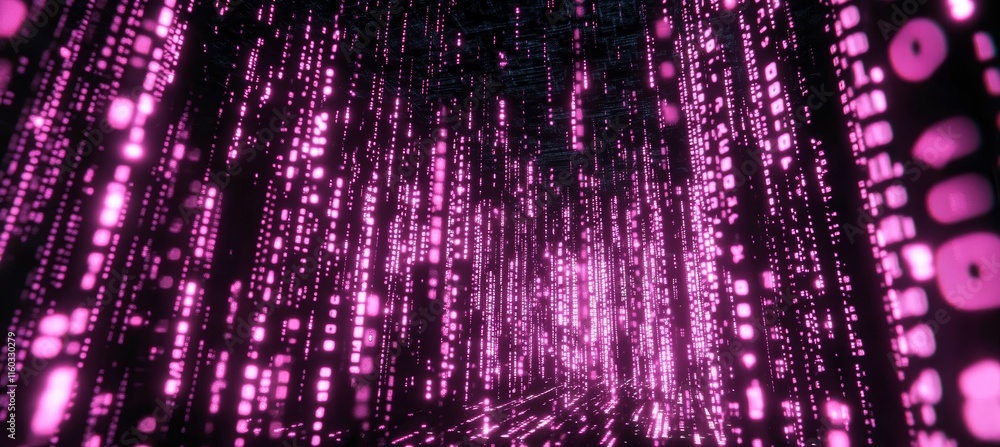 Poster Pink data rainfall on virtual digital space portal technology background. Wireless program transfer. Generative AI technology.	
