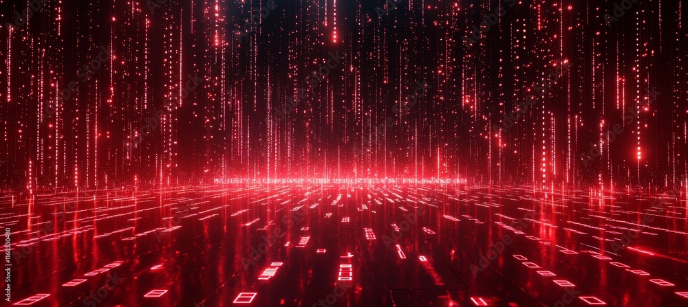 Fototapete Dark red matrix binary digital data space. Wireless network transfer. Generative AI technology.	
