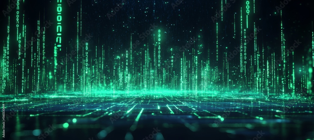Poster Green matrix virtual digital space portal. Wireless data transfer. Generative AI technology.	
