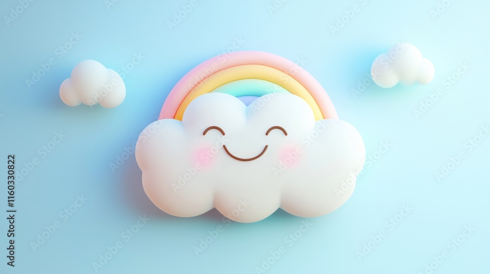 Poster a cheerful smiling cloud with a rainbow on a light blue background, surrounded by smaller clouds, cr