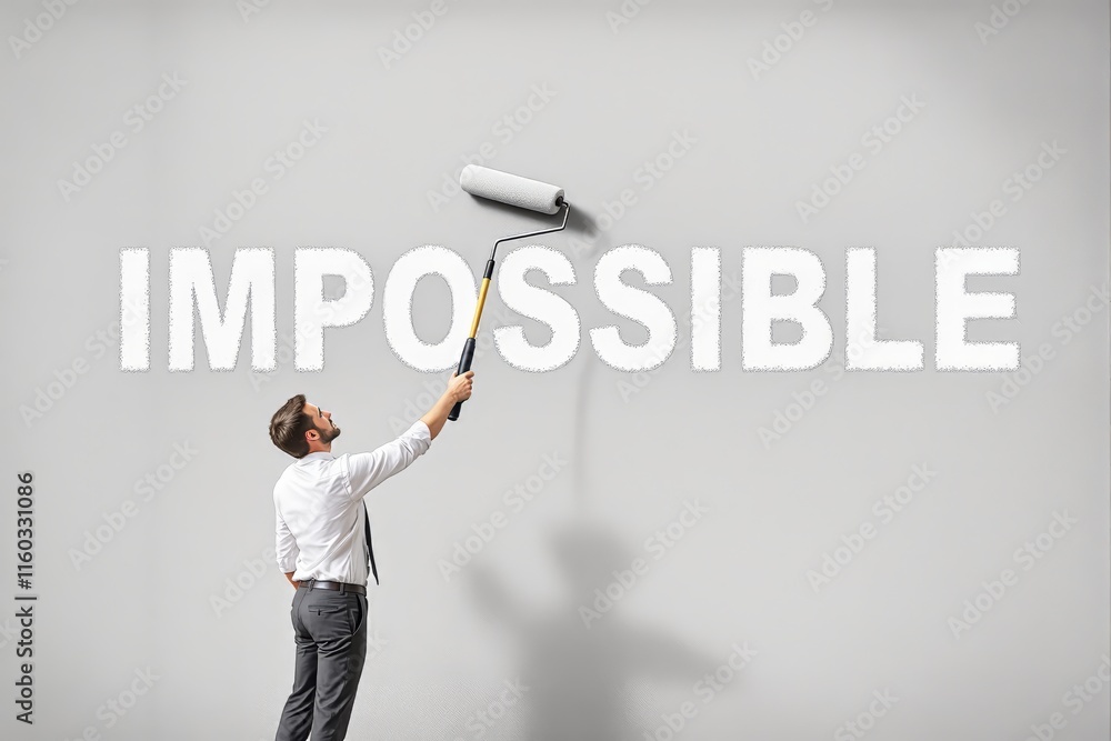 Poster a man in formal attire using a paint roller to change the word impossible to possible on a gray back