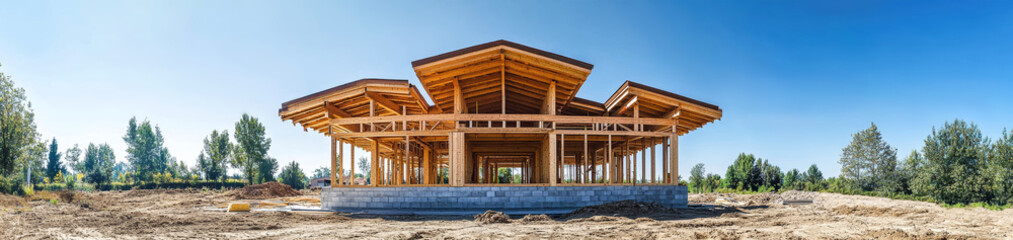New modern wooden house structure taking shape under the bright blue sky on a sunny day