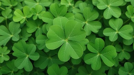 Close-up of green shamrocks in lush natural setting.