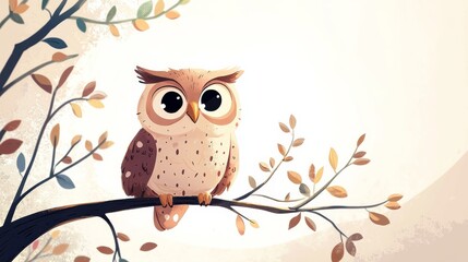 A whimsical, illustrated owl perched on a branch, surrounded by stylized leaves against a soft, light background.
