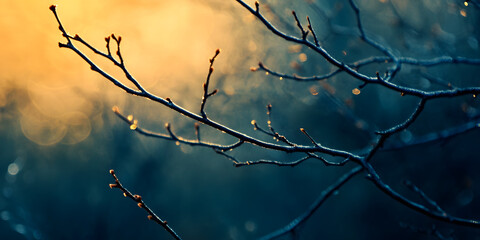 Bare Winter Branches Silhouetted Against a Golden Sunrise Bokeh Background : Generative AI