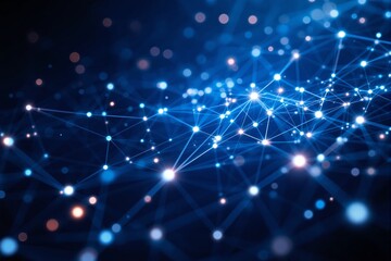 Fototapeta premium Abstract digital network with glowing blue nodes and lines connecting in a futuristic style on a dark background, symbolizing connectivity and data. Ai generative