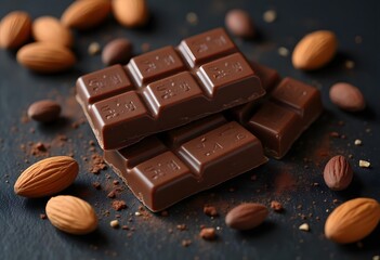 Chocolate bar with crunchy almonds on the table top view
