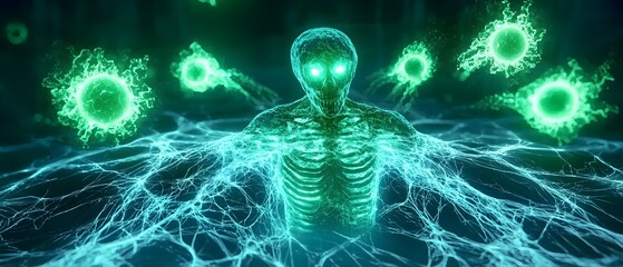 A green skeleton is surrounded by green glowing orbs