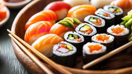 A large platter of assorted sushi rolls, including salmon, tuna, crab, and avocado.