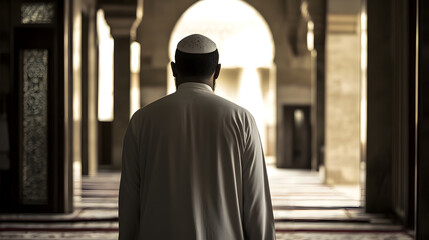 Naklejka premium Person in Righteous Contemplation Walking in Historic Mosque Hallway : Generative AI