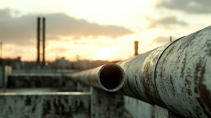 Captivating views of industrial cement plant at sunset showcasing large gray pipes against a dramatic sky