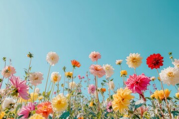 A colorful garden filled with vibrant dahlias in full bloom under a clear blue sky. © HO