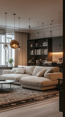 Obraz premium Modern living room with cozy white sectional sofa, stylish decor, and warm lighting. space features large window, bookshelves, and decorative rug, creating welcoming atmosphere