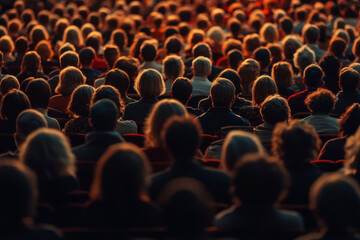 Obraz premium large audience seated in theater, with diverse hairstyles and colors, focused on performance. warm lighting creates engaging atmosphere