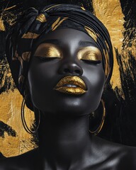 A portrait of a black woman in African fashion, with golden lips and a serene expression, set against a black and gold background, captured in 4K for high-end wall decor