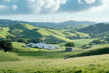 A combination of solar and wind energy setups with rolling hills and greenery in the background.