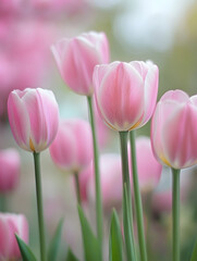 Obraz premium Delicate Pink Tulips in Bloom with Soft Focus and Natural Sunlight in a Spring Garden Setting : Generative AI
