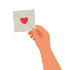 Hand holding square envelope with a red heart. Love letter. Valentines day greeting card. Vector illustration isolated on white background.