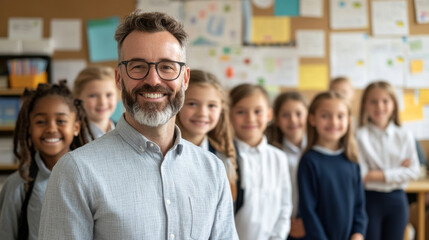 Fototapeta premium Smiling teacher with students in classroom, showcasing teamwork and learning. atmosphere is positive and engaging, highlighting education and mentorship