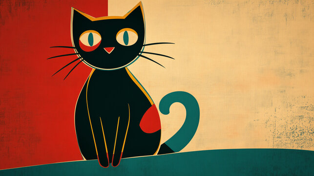 An artistic vintage-inspired illustration of a retro black cat featuring vibrant 70s colors, groovy patterns, and a bold aesthetic with a playful charm..