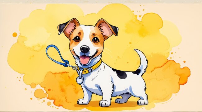 Adorable cartoon jack russell terrier with blue leash on yellow background