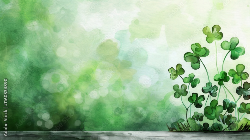 Poster lush green clover background with soft bokeh effect