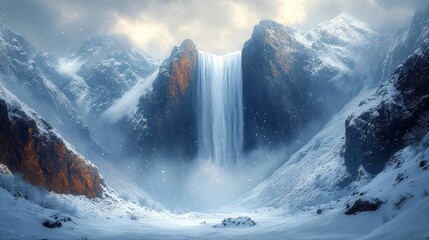 Snowy mountains, tall waterfall, winter scene.