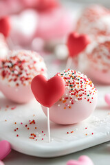 Obraz premium Delicate Pink Cake Pops with Heart Decorations for Valentines and Festive Celebrations : Generative AI