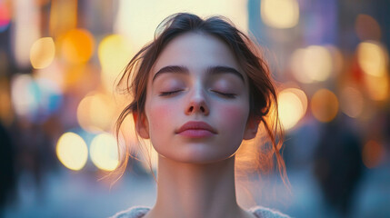 Young woman with closed eyes, serene expression, in vibrant cityscape. background features colorful bokeh lights, creating dreamy atmosphere. moment of tranquility amidst urban life