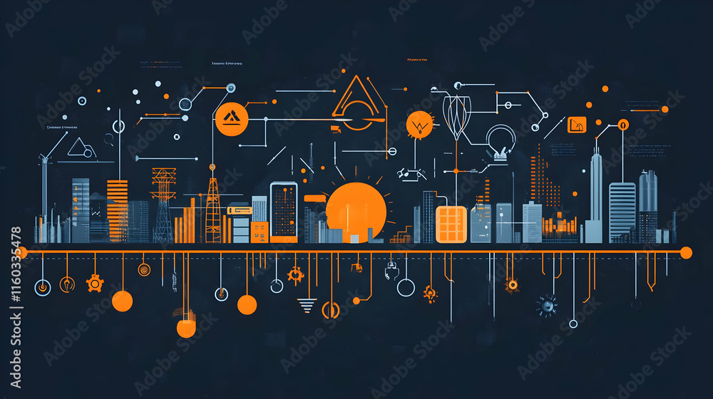 Poster a digital cityscape featuring technology and data visualization elements.