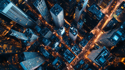 Aerial view of vibrant cityscape at night, showcasing illuminated skyscrapers and busy streets. urban landscape is filled with lights and energy, creating dynamic atmosphere