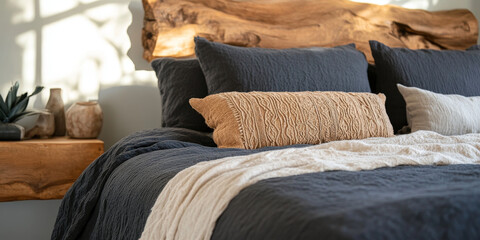 Cozy bedroom with textured bedding, wooden headboard, and natural decor. warm tones create serene atmosphere, perfect for relaxation and comfort