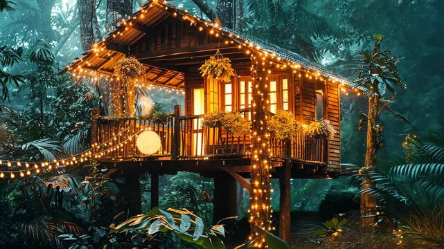 Enchanted Treehouse Escape: A charming wooden treehouse nestled amidst lush greenery, bathed in the warm glow of string lights, creating a magical and secluded retreat.  