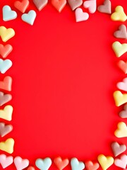 Valentines Day shaped candy border on red paper background