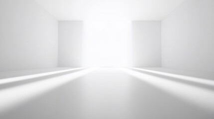Bright, empty white room with light beams.