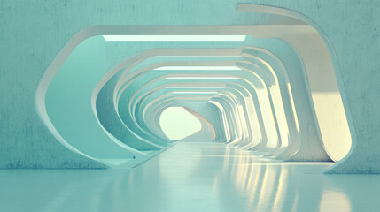 Obraz premium modern architectural interior featuring curved walls and reflective floor, creating serene and futuristic atmosphere. soft lighting enhances unique design elements