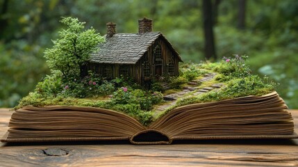Miniature cottage on open book in forest setting.