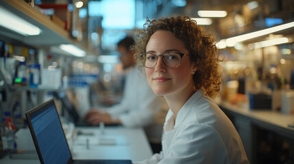 focused woman in lab coat works on laptop in modern laboratory, showcasing collaborative research environment. Her curly hair and glasses add to her professional appearance