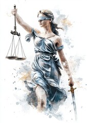 Blindfolded Lady Justice Holding Scales and Sword in Watercolor Style Artwork