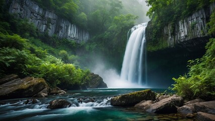 Fototapeta premium Serene Waterfall in Lush Forest