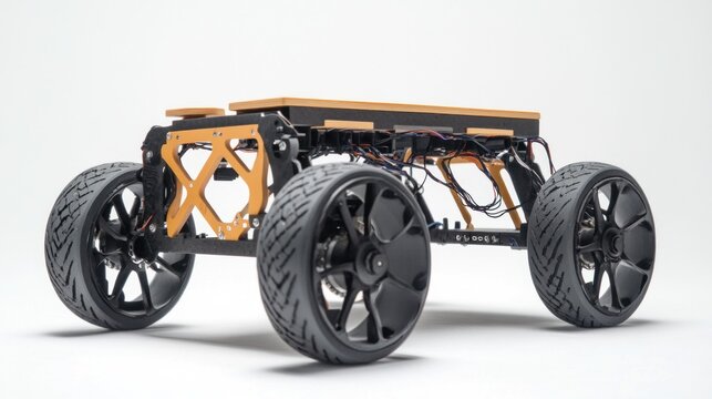 A robotic cart with programmable interfaces, lightweight materials, and exposed wiring, representing the future of mobility, captured on a stark white background.