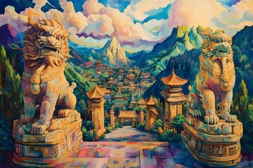 Stone lions guard a sprawling fantasy city nestled in mountains.