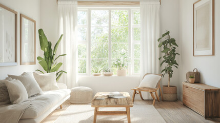 bright and airy living room featuring cozy sofa, wooden furniture, and lush indoor plants. Natural light floods space, creating serene atmosphere