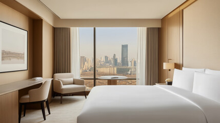 Fototapeta premium Luxurious hotel room with stunning city view, featuring comfortable bed, modern furniture, and elegant decor. Perfect for relaxation and business stays