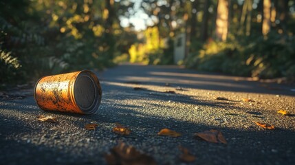 Orange Can on a Quiet Road Surrounded by Trees and Fallen Leaves