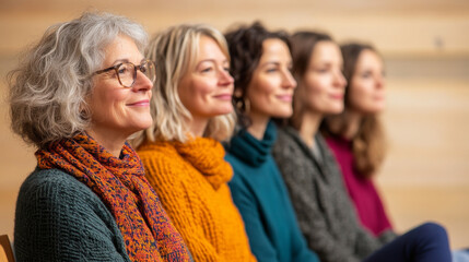 Women sitting in row, smiling and enjoying each other company, showcasing diverse hairstyles and colorful sweaters. warm and friendly atmosphere is present