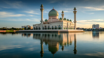 Obraz premium Beautiful Mosque by Serene Lake Reflecting in Tranquil Waters : Generative AI