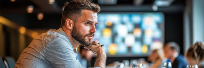 focused man in business meeting, contemplating ideas with pen in hand. modern setting features blurred colleagues in background, emphasizing collaboration and discussion
