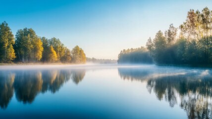 Obraz premium Serene Autumn Lake Reflections In Misty Morning Light