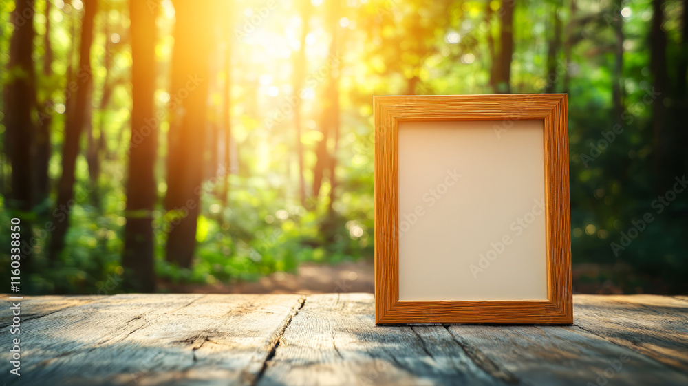 Poster empty wooden frame on rustic table with nature background in soft warm light